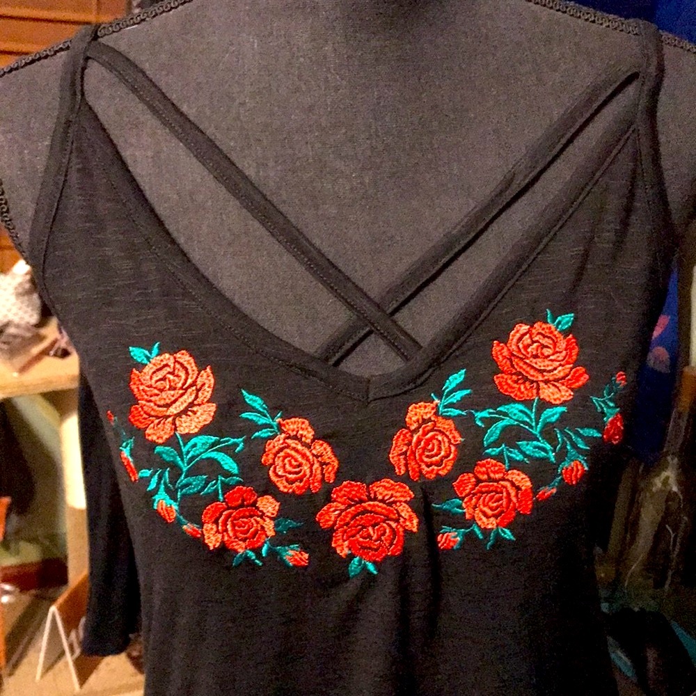 #234(L) Darling Blue Rose embroidered tank top w/ Crisscrossed back